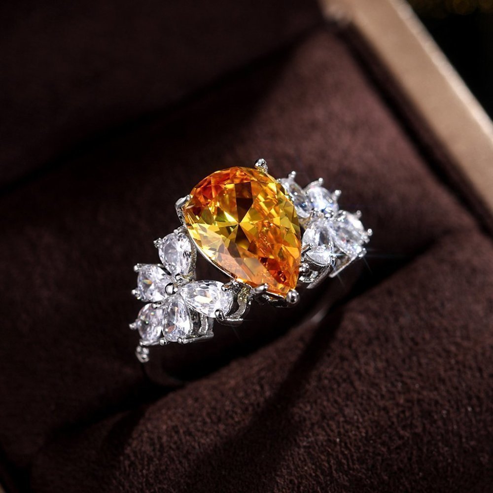 💥Crystal Clear Sweet Light Yellow Pear Flower Silver Rings for Women, MARR9130
